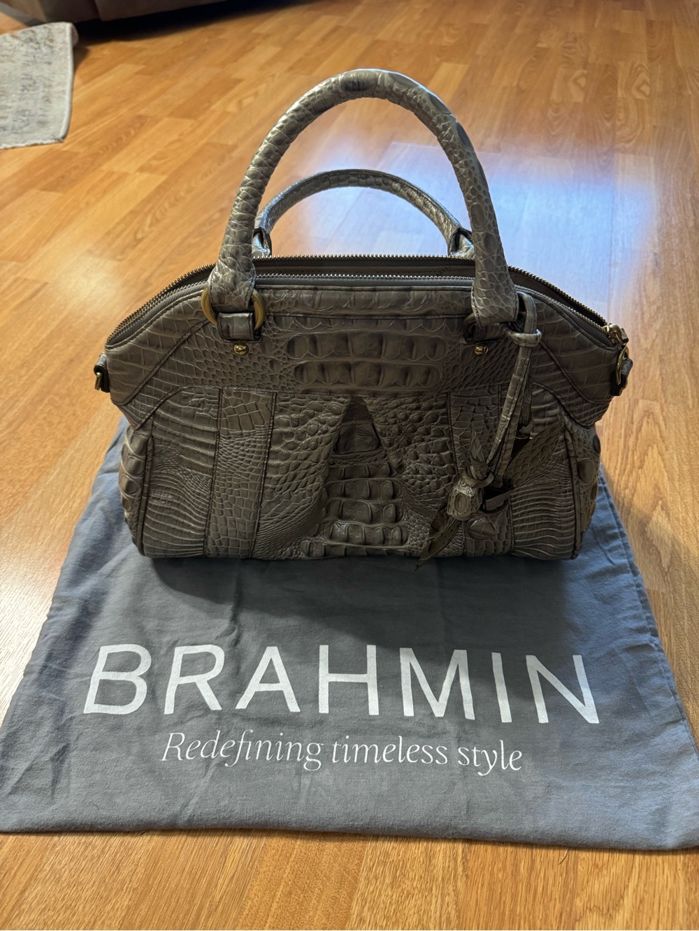 Brahmin Louise Rose Accent Satchel Bag Grey Metallic Croc Embossed Finish Rare